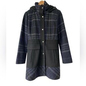 Guess Hooded Plaid Wool Blend Coat, Size M